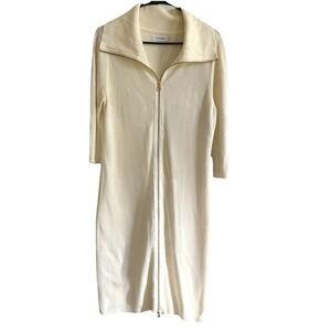 Calvin‎ Klein Cream Ribbed Knit Knee Length Sweater Dress Full Zip Gold Size L